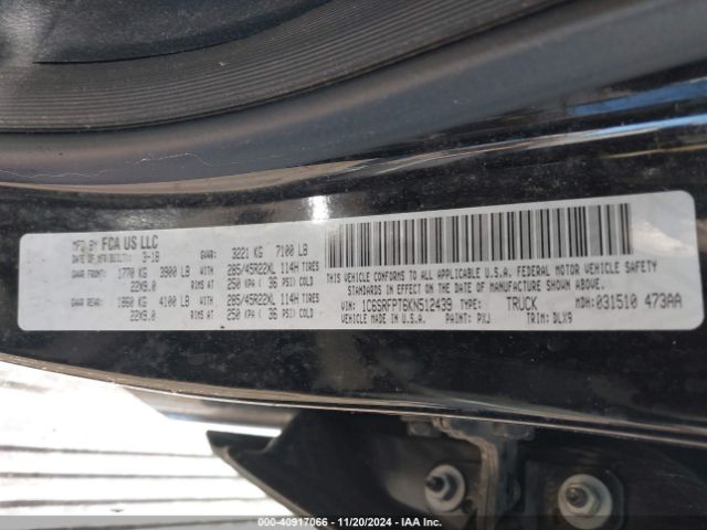 1C6SRFPT6KN512439 RAM 1500 Limited  4x4 6'4 Box