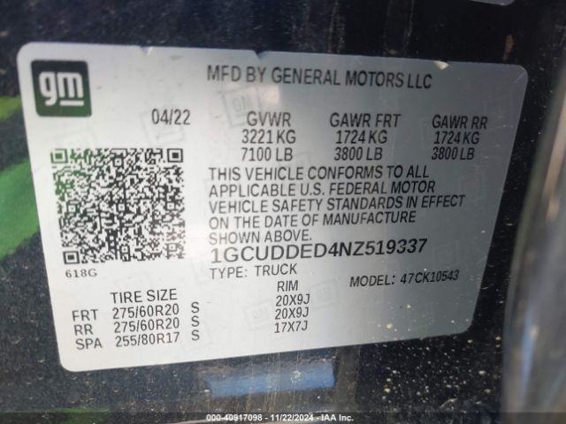 1GCUDDED4NZ519337 Chevrolet Silverado 1500 4wd  Standard Bed Lt