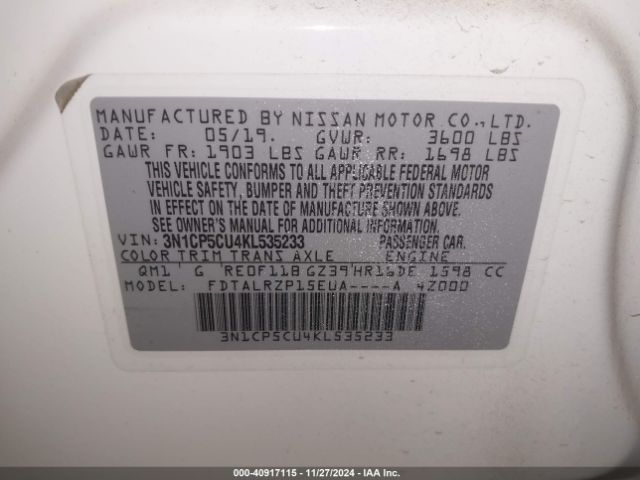 3N1CP5CU4KL535233 Nissan KICKS S