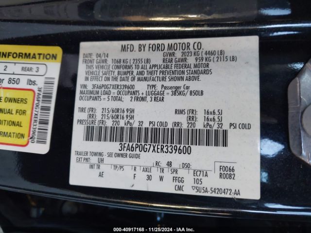 3FA6P0G7XER339600 Ford FUSION S