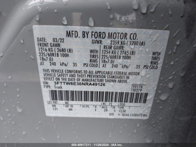 3FTTW8E36NRA49126 Ford Maverick Lariat