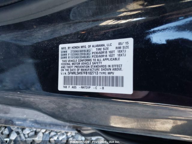 5FNRL5H97FB102713 Honda Odyssey Touring/touring Elite