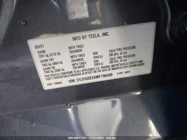 2021 TESLA MODEL Y 5YJYGDEE8MF198490 Photo 8