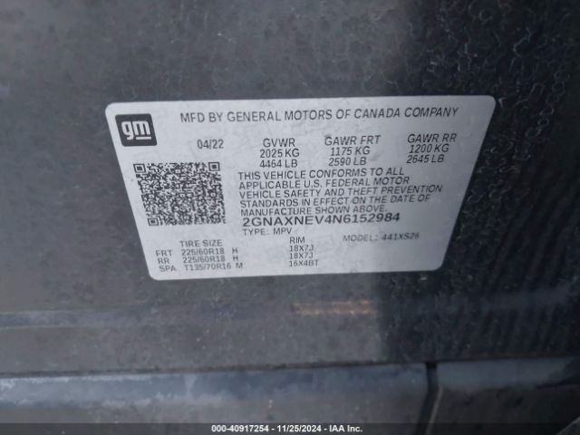 2GNAXNEV4N6152984 Chevrolet Equinox Fwd Premier