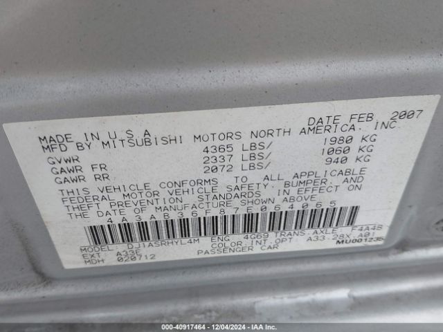 2007 MITSUBISHI GALANT 4A3AB36F87E064065 Photo 8