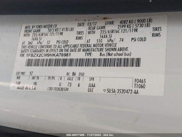 1FBZX2CM9HKA76981 Ford Transit-350 Xl