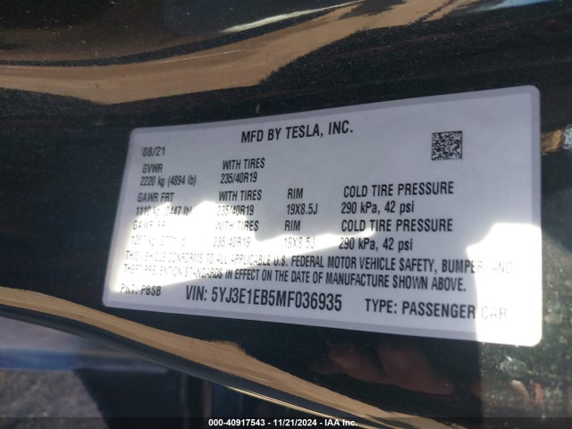 2021 TESLA MODEL 3 5YJ3E1EB5MF036935 Photo 8