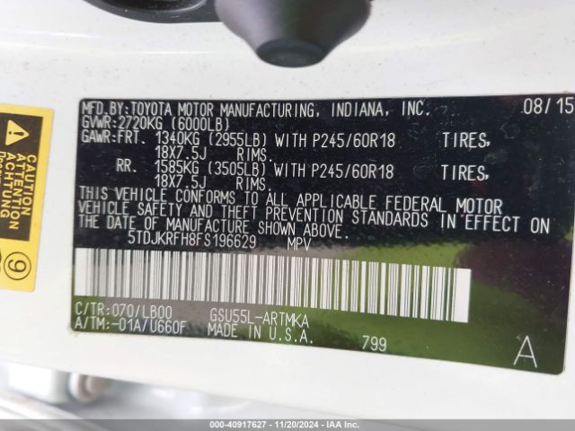 5TDJKRFH8FS196629 Toyota Highlander Xle V6