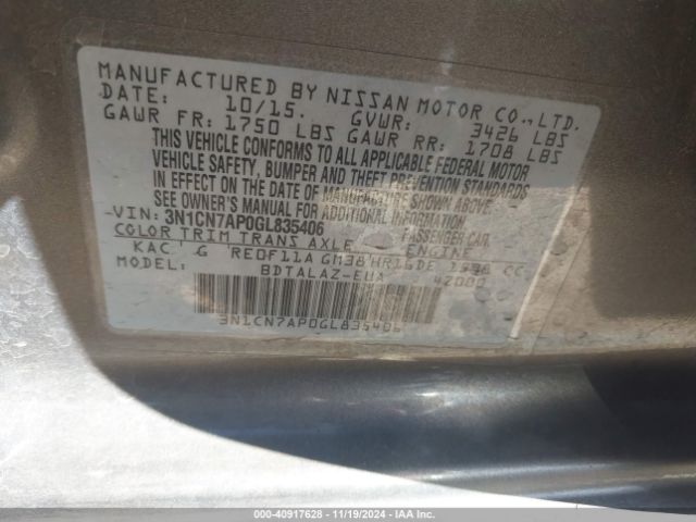 3N1CN7AP0GL835406 Nissan Versa 1.6 S+