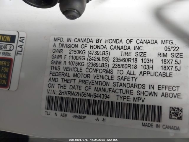 2HKRW2H55NH644394 Honda Cr-v Awd Ex