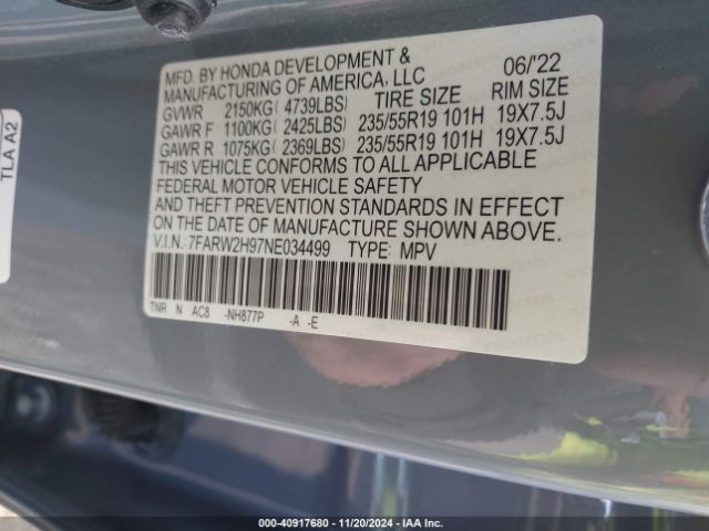 7FARW2H97NE034499 Honda Cr-v Awd Touring