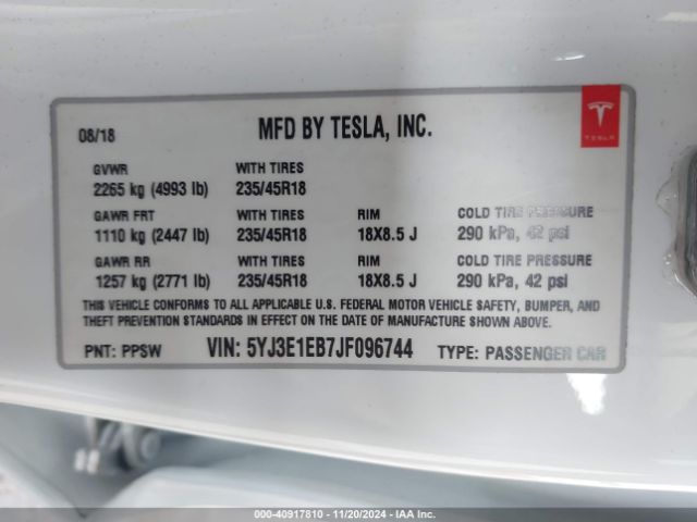 5YJ3E1EB7JF096744 Tesla Model 3 Long Range/performance