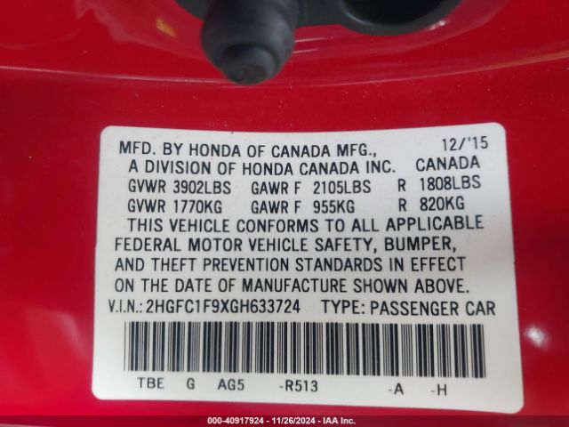 2HGFC1F9XGH633724 Honda Civic Touring