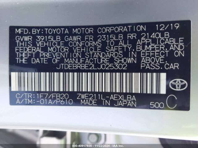 JTDEBRBE2LJ025302 Toyota Corolla Hybrid Le