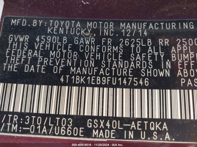 4T1BK1EB9FU147546 Toyota Avalon Xle Touring