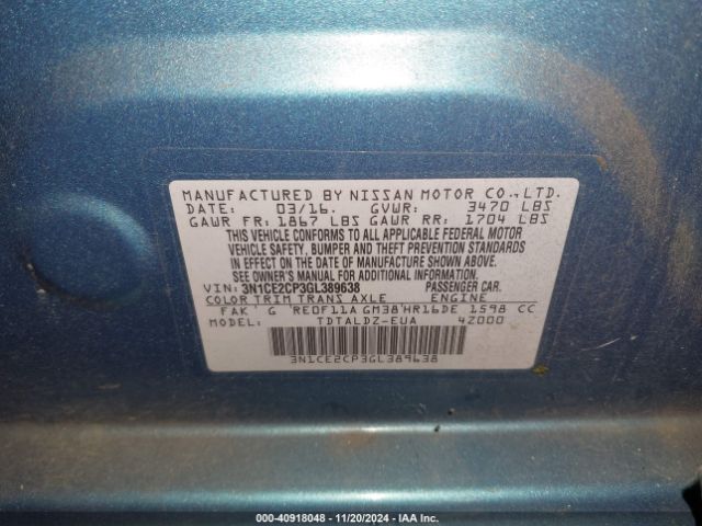 3N1CE2CP3GL389638 Nissan Versa Note Sv