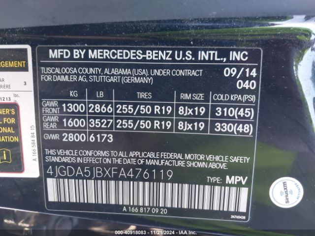 4JGDA5JBXFA476119 Mercedes-Benz ML 350