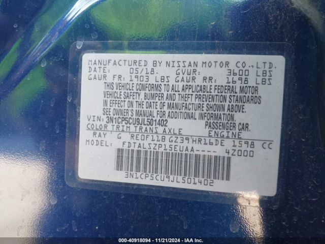 3N1CP5CU9JL501402 Nissan KICKS SV