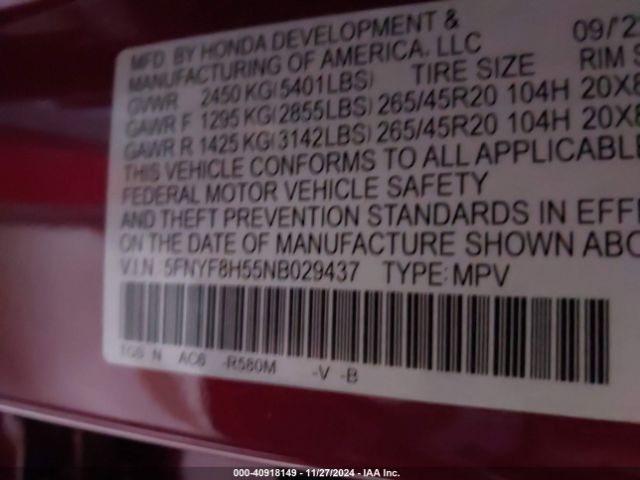 5FNYF8H55NB029437 Honda Passport Awd Ex-l