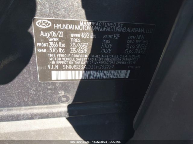 5NMS33AD3LH262229 Hyundai Santa Fe Sel