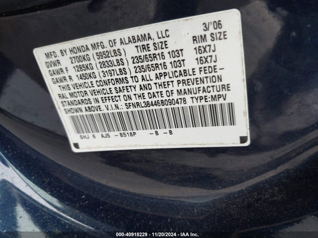 Продаж на аукціоні авто 2006 Honda Odyssey Ex, vin: 5FNRL38446B090478, номер лоту: 40918229
