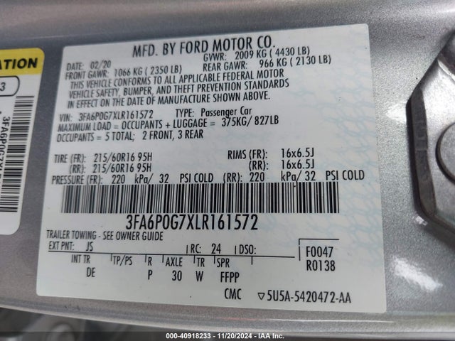 Ford FUSION S 2020 3FA6P0G7XLR161572 Image 9