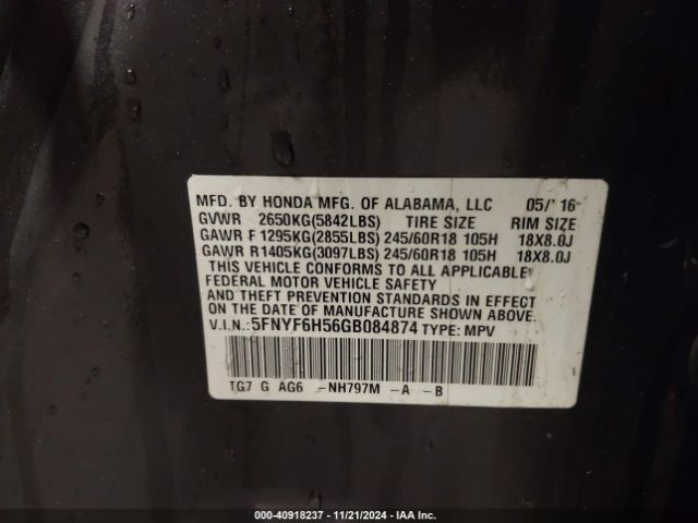 5FNYF6H56GB084874 Honda Pilot Ex-l