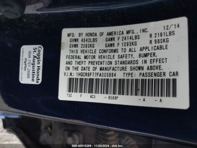 1HGCR6F77FA005694 Honda Accord Hybrid Touring