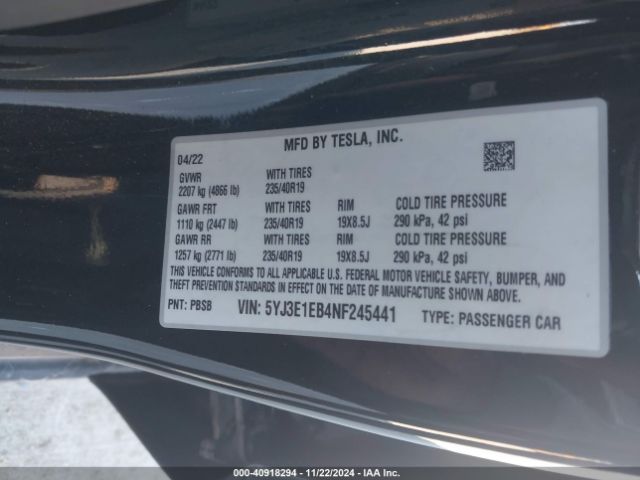 5YJ3E1EB4NF245441 Tesla Model 3 Long Range Dual Motor All-wheel Drive