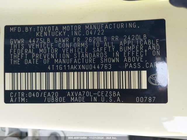 Toyota CAMRY SE 2022 4T1G11AKXNU044763 Image 9