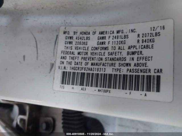 1HGCR3F92HA019313 Honda Accord Touring V6