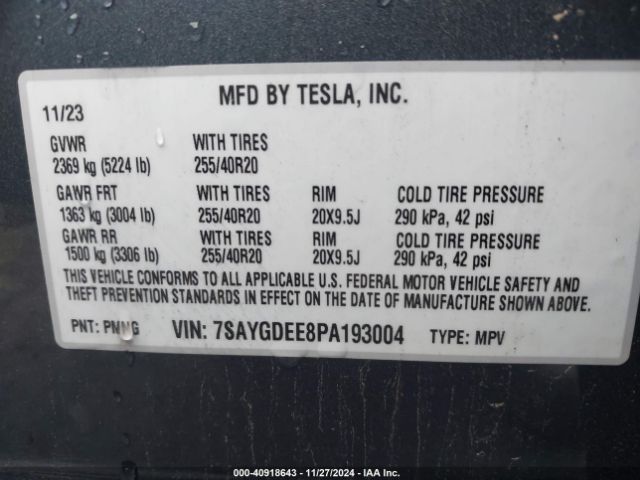 7SAYGDEE8PA193004 Tesla Model Y Awd/long Range Dual Motor All-wheel Drive