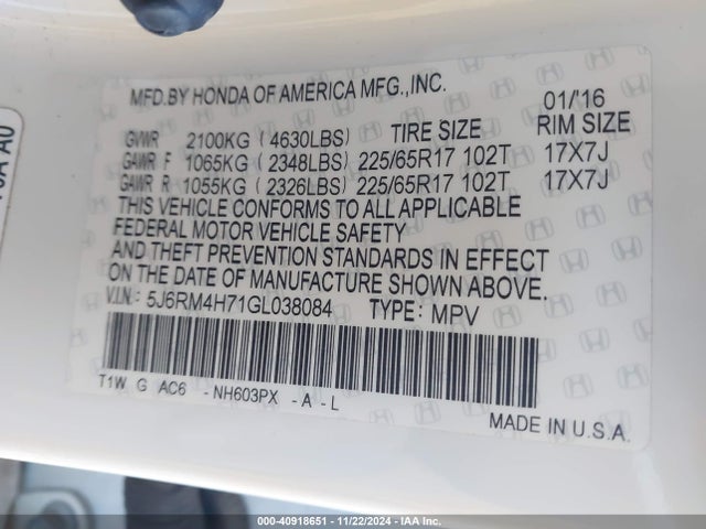 Honda Cr-v Ex-l 2016 5J6RM4H71GL038084 Image 9
