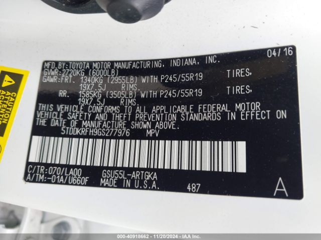 5TDDKRFH9GS277976 Toyota Highlander Limited Platinum V6