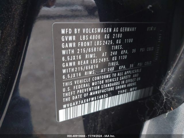 WVGAV7AX6FW514933 Volkswagen TIGUAN S