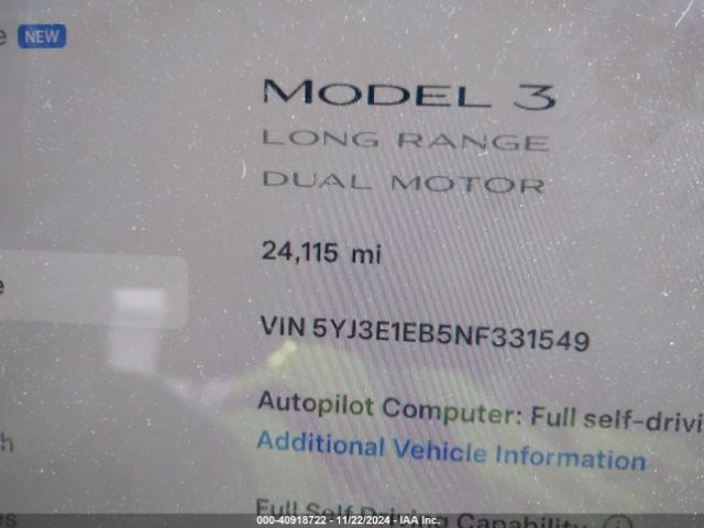 5YJ3E1EB5NF331549 Tesla Model 3 Long Range Dual Motor All-wheel Drive