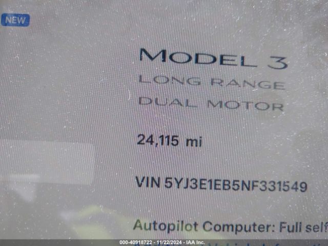 5YJ3E1EB5NF331549 Tesla Model 3 Long Range Dual Motor All-wheel Drive