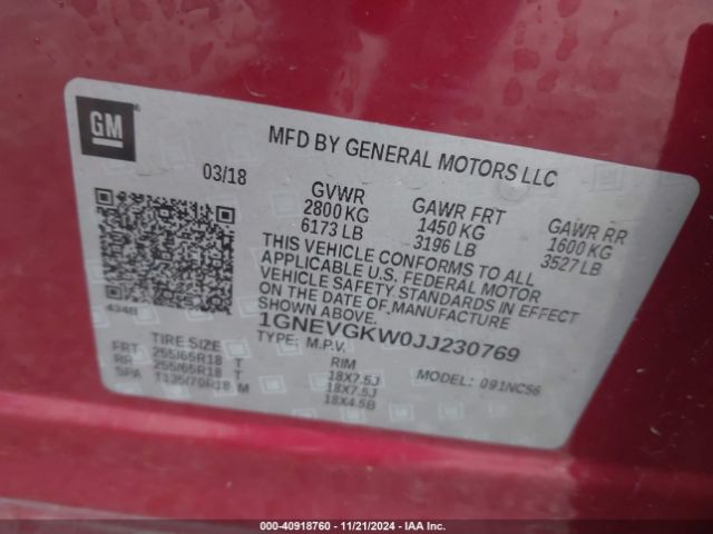 1GNEVGKW0JJ230769 Chevrolet Traverse 1lt