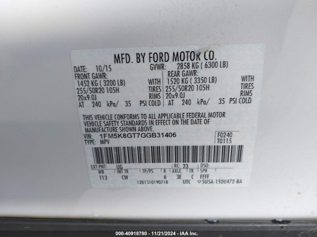 Ford EXPLORER SPORT 2016 1FM5K8GT7GGB31406 Image 9