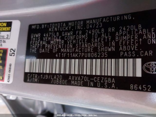 4T1F11AK7PU806235 Toyota CAMRY XLE