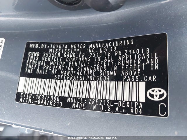 Toyota COROLLA LE 2020 5YFEPRAE9LP065004 Image 9
