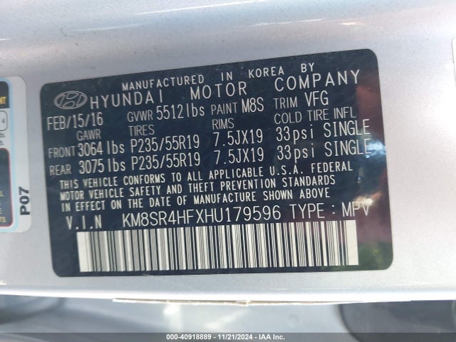 KM8SR4HFXHU179596 Hyundai Santa Fe Limited Ultimate