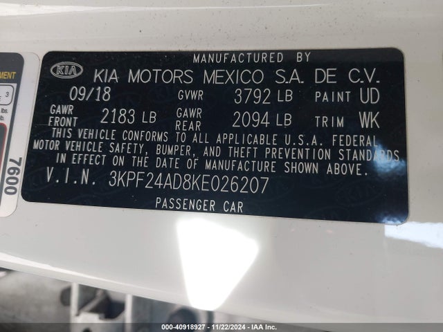 3KPF24AD8KE026207 KIA FORTE FE
