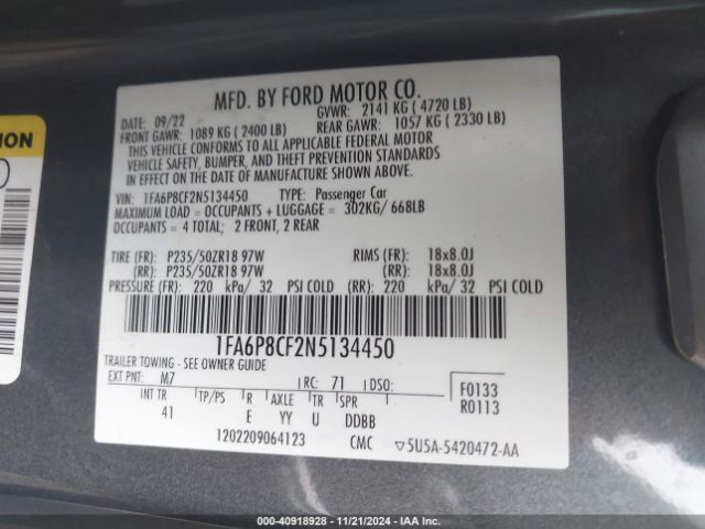 1FA6P8CF2N5134450 Ford Mustang Gt Premium