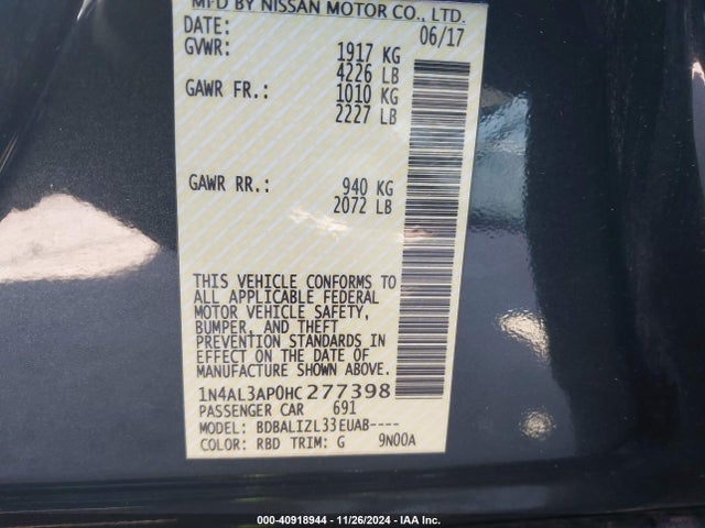 1N4AL3AP0HC277398 Nissan Altima 2.5 Sv