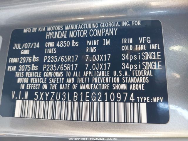 5XYZU3LB1EG210974 Hyundai Santa Fe Sport 2.4l