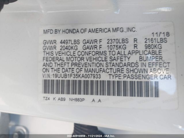 19UUB1F35KA007933 Acura Tlx Standard