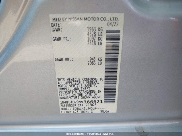 1N4BL4DV0NN366621 Nissan Altima Sv Fwd