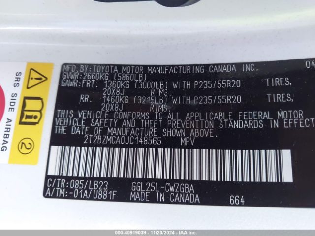 2T2BZMCA0JC148565 Lexus RX 350
