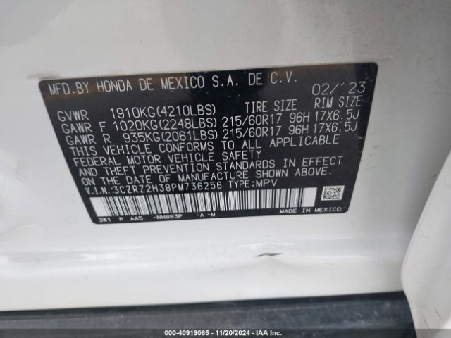 3CZRZ2H38PM736256 Honda Hr-v Awd Lx